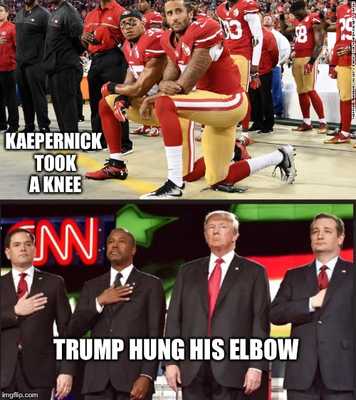 Brothers in Solidarity | KAEPERNICK TOOK A KNEE; TRUMP HUNG HIS ELBOW | image tagged in donald trump,colin kaepernick,took a knee,elbow,national anthem,protest | made w/ Imgflip meme maker