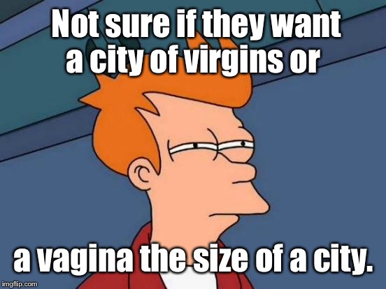 Futurama Fry Meme | Not sure if they want a city of virgins or a va**na the size of a city. | image tagged in memes,futurama fry | made w/ Imgflip meme maker