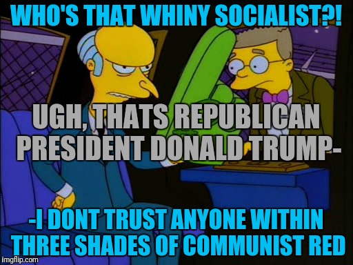 WHO'S THAT WHINY SOCIALIST?! -I DONT TRUST ANYONE WITHIN THREE SHADES OF COMMUNIST RED UGH, THATS REPUBLICAN PRESIDENT DONALD TRUMP- | made w/ Imgflip meme maker