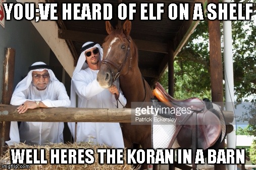 Elf on a shelf | YOU;VE HEARD OF ELF ON A SHELF; WELL HERES THE KORAN IN A BARN | image tagged in elf on a shelf,arab,funny meme | made w/ Imgflip meme maker