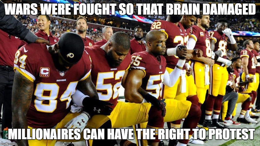 NFL protests | WARS WERE FOUGHT SO THAT BRAIN DAMAGED; MILLIONAIRES CAN HAVE THE RIGHT TO PROTEST | image tagged in nfl,protesters,football,trump | made w/ Imgflip meme maker