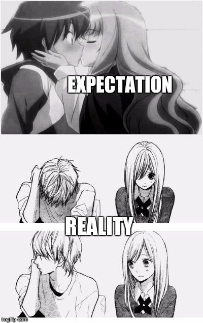 Anime expectation vs Reality kiss | EXPECTATION; REALITY | image tagged in anime,expectation vs reality,anime kiss,kissing,anime awkward moment,awkward moment | made w/ Imgflip meme maker