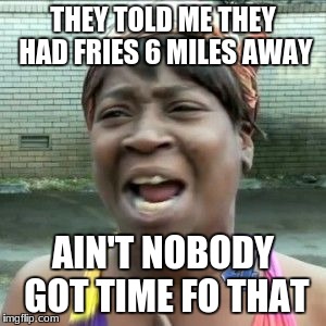 THEY TOLD ME THEY HAD FRIES 6 MILES AWAY; AIN'T NOBODY GOT TIME FO THAT | image tagged in ain't nobody got time for that,memes,funny memes,dank memes | made w/ Imgflip meme maker