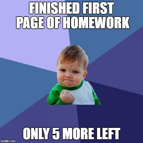 Success Kid | FINISHED FIRST PAGE OF HOMEWORK; ONLY 5 MORE LEFT | image tagged in memes,success kid | made w/ Imgflip meme maker
