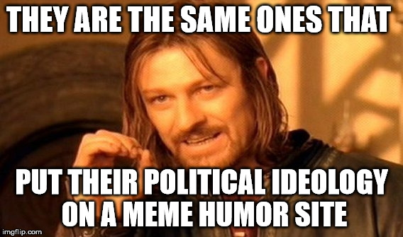 One Does Not Simply Meme | THEY ARE THE SAME ONES THAT PUT THEIR POLITICAL IDEOLOGY ON A MEME HUMOR SITE | image tagged in memes,one does not simply | made w/ Imgflip meme maker