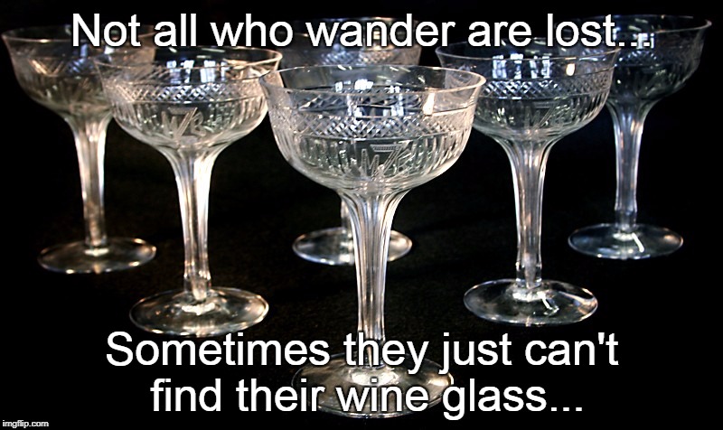 Not lost... | Not all who wander are lost... Sometimes they just can't find their wine glass... | image tagged in wander,can't,find,wine glass | made w/ Imgflip meme maker