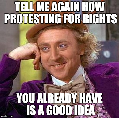 This much whining ? Did you lose the Presidency ? | TELL ME AGAIN HOW PROTESTING FOR RIGHTS; YOU ALREADY HAVE IS A GOOD IDEA | image tagged in memes,creepy condescending wonka,no fun,let it go,river,liberal tears | made w/ Imgflip meme maker