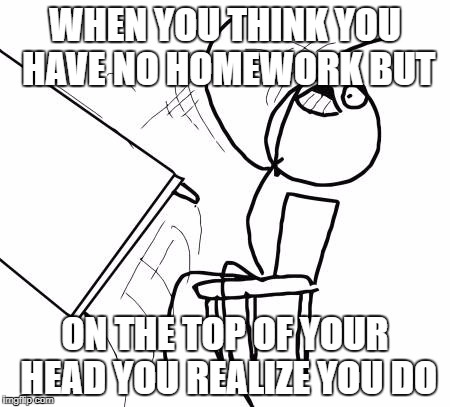 Table Flip Guy Meme | WHEN YOU THINK YOU HAVE NO HOMEWORK BUT; ON THE TOP OF YOUR HEAD YOU REALIZE YOU DO | image tagged in memes,table flip guy | made w/ Imgflip meme maker