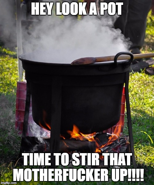 HEY LOOK A POT; TIME TO STIR THAT MOTHERFUCKER UP!!!! | image tagged in stir the pot,kettle,troll | made w/ Imgflip meme maker