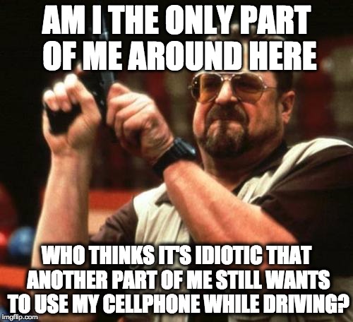 john goodman | AM I THE ONLY PART OF ME AROUND HERE; WHO THINKS IT'S IDIOTIC THAT ANOTHER PART OF ME STILL WANTS TO USE MY CELLPHONE WHILE DRIVING? | image tagged in john goodman | made w/ Imgflip meme maker