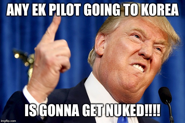 Donald Trump | ANY EK PILOT GOING TO KOREA; IS GONNA GET NUKED!!!! | image tagged in donald trump | made w/ Imgflip meme maker