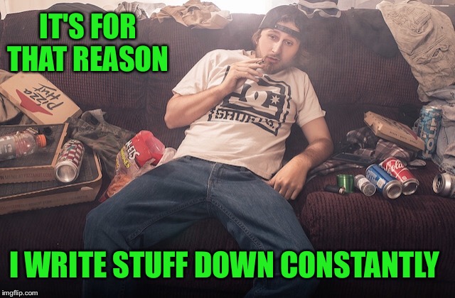 Stoner on couch | IT'S FOR THAT REASON I WRITE STUFF DOWN CONSTANTLY | image tagged in stoner on couch | made w/ Imgflip meme maker