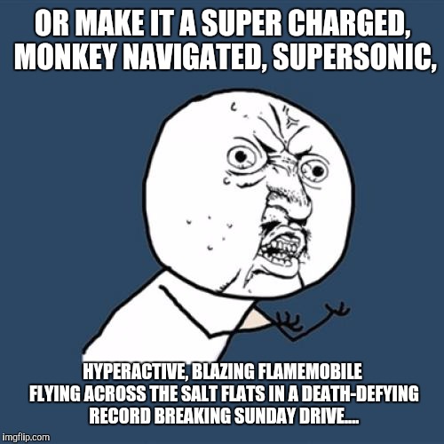 Y U No Meme | OR MAKE IT A SUPER CHARGED, MONKEY NAVIGATED, SUPERSONIC, HYPERACTIVE, BLAZING FLAMEMOBILE FLYING ACROSS THE SALT FLATS IN A DEATH-DEFYING R | image tagged in memes,y u no | made w/ Imgflip meme maker