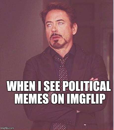 Face You Make Robert Downey Jr Meme | WHEN I SEE POLITICAL MEMES ON IMGFLIP | image tagged in memes,face you make robert downey jr | made w/ Imgflip meme maker