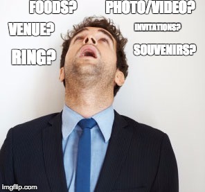 Guy looking up | FOODS? PHOTO/VIDEO? INVITATIONS? VENUE? SOUVENIRS? RING? | image tagged in guy looking up | made w/ Imgflip meme maker