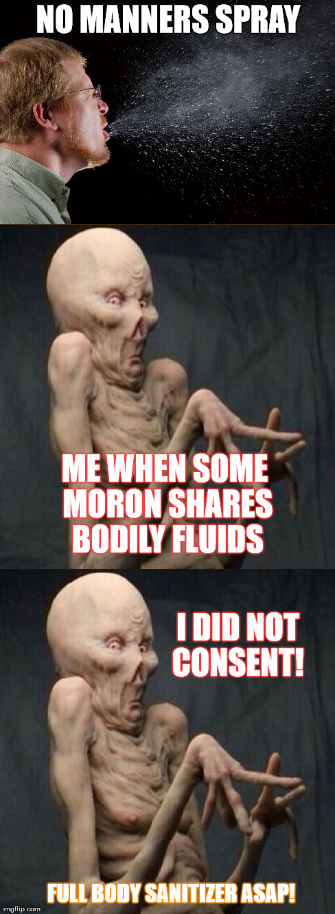 Stranger Danger!  | NO MANNERS SPRAY; ME WHEN SOME MORON SHARES BODILY FLUIDS; I DID NOT CONSENT! FULL BODY SANITIZER ASAP! | image tagged in sneeze,don't touch me,memes,germs,gross | made w/ Imgflip meme maker