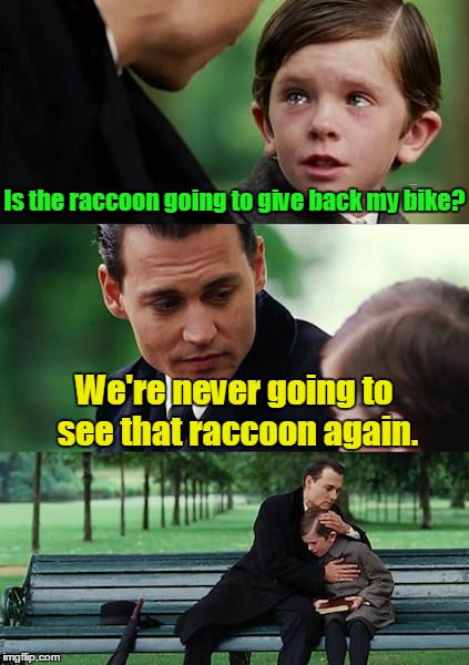 Finding Neverland Meme | Is the raccoon going to give back my bike? We're never going to see that raccoon again. | image tagged in memes,finding neverland | made w/ Imgflip meme maker