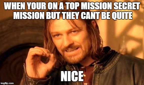 One Does Not Simply | WHEN YOUR ON A TOP MISSION SECRET MISSION BUT THEY CANT BE QUITE; NICE | image tagged in memes,one does not simply | made w/ Imgflip meme maker
