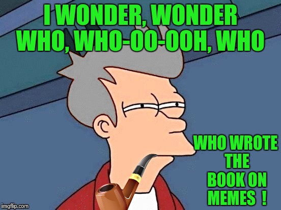 A referenceto ,The Monotones "Book of Love"  | I WONDER, WONDER WHO, WHO-OO-OOH, WHO; WHO WROTE THE BOOK ON MEMES  ! | image tagged in futurama fry,memes,funny,music | made w/ Imgflip meme maker