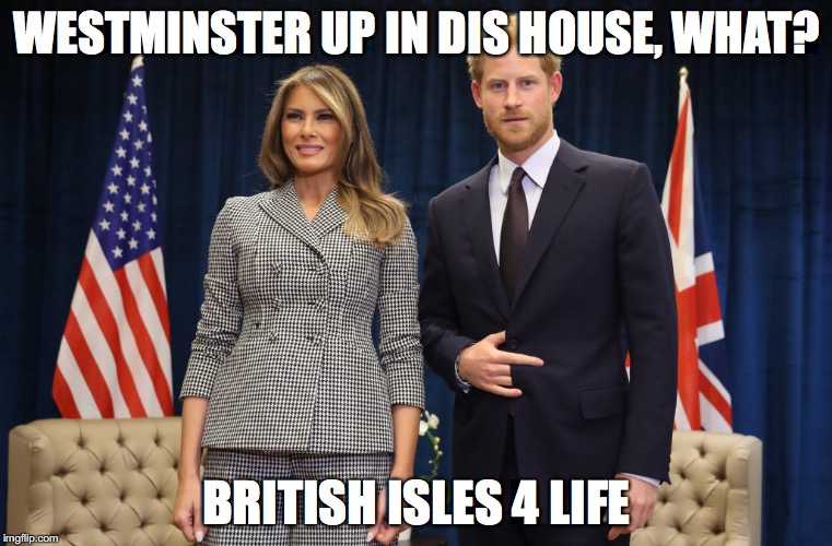 Royal Thug | WESTMINSTER UP IN DIS HOUSE, WHAT? BRITISH ISLES 4 LIFE | image tagged in melania trump,prince harry | made w/ Imgflip meme maker