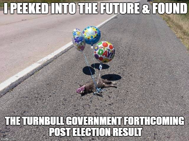 road kill | I PEEKED INTO THE FUTURE & FOUND; THE TURNBULL GOVERNMENT FORTHCOMING POST ELECTION RESULT | image tagged in road kill | made w/ Imgflip meme maker