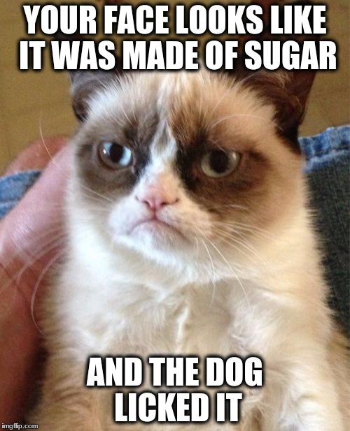 Grumpy Cat Meme | YOUR FACE LOOKS LIKE IT WAS MADE OF SUGAR; AND THE DOG LICKED IT | image tagged in memes,grumpy cat | made w/ Imgflip meme maker