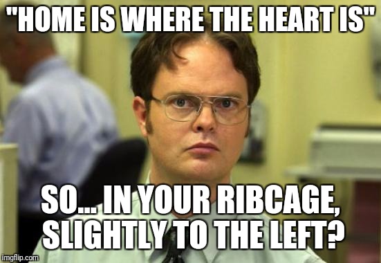 Turn right at kidney street, go straight on intestine road | "HOME IS WHERE THE HEART IS"; SO... IN YOUR RIBCAGE, SLIGHTLY TO THE LEFT? | image tagged in memes,dwight schrute | made w/ Imgflip meme maker
