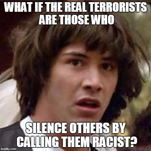 Tactical Terrorism | WHAT IF THE REAL TERRORISTS ARE THOSE WHO; SILENCE OTHERS BY CALLING THEM RACIST? | image tagged in conspiracy keanu,liberal hate,racism,fascism,liberals | made w/ Imgflip meme maker