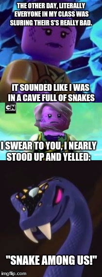 Snakes | THE OTHER DAY, LITERALLY EVERYONE IN MY CLASS WAS SLURING THEIR S'S REALLY BAD. IT SOUNDED LIKE I WAS IN A CAVE FULL OF SNAKES; I SWEAR TO YOU, I NEARLY STOOD UP AND YELLED:; "SNAKE AMONG US!" | image tagged in snakes,mylife,life,schoollife,dying | made w/ Imgflip meme maker