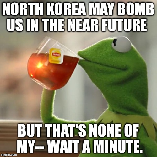 But That's None Of My Business | NORTH KOREA MAY BOMB US IN THE NEAR FUTURE; BUT THAT'S NONE OF MY-- WAIT A MINUTE. | image tagged in memes,but thats none of my business,kermit the frog | made w/ Imgflip meme maker