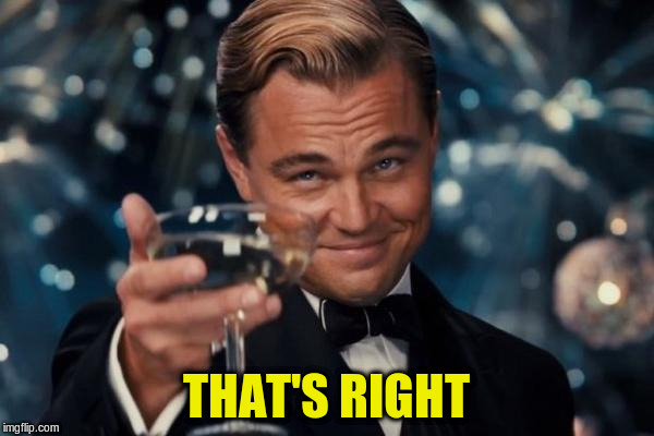 Leonardo Dicaprio Cheers Meme | THAT'S RIGHT | image tagged in memes,leonardo dicaprio cheers | made w/ Imgflip meme maker