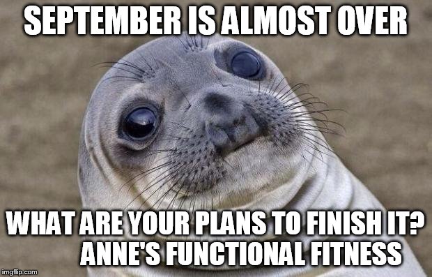 Awkward Moment Sealion | SEPTEMBER IS ALMOST OVER; WHAT ARE YOUR PLANS TO FINISH IT?          ANNE'S FUNCTIONAL FITNESS | image tagged in memes,awkward moment sealion | made w/ Imgflip meme maker