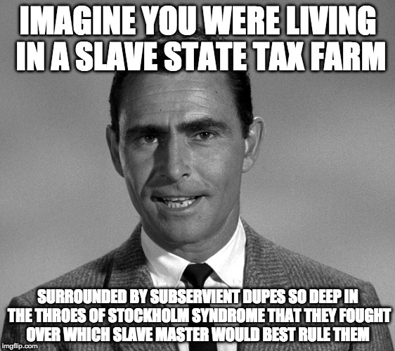 Rod Serling | IMAGINE YOU WERE LIVING IN A SLAVE STATE TAX FARM; SURROUNDED BY SUBSERVIENT DUPES SO DEEP IN THE THROES OF STOCKHOLM SYNDROME THAT THEY FOUGHT OVER WHICH SLAVE MASTER WOULD BEST RULE THEM | image tagged in rod serling | made w/ Imgflip meme maker