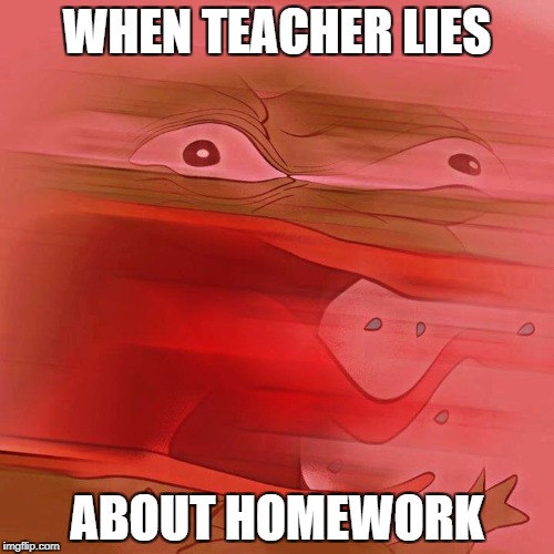 REEEEEEEEEEEE | WHEN TEACHER LIES; ABOUT HOMEWORK | image tagged in reeeeeeeeeeee | made w/ Imgflip meme maker