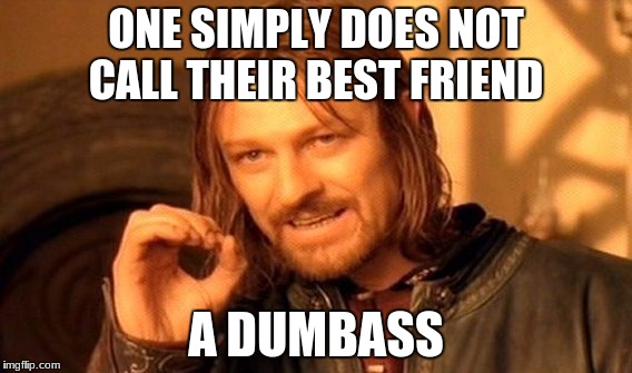 One Does Not Simply Meme | ONE SIMPLY DOES NOT CALL THEIR BEST FRIEND A DUMBASS | image tagged in memes,one does not simply | made w/ Imgflip meme maker