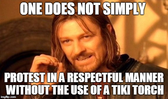 TIKI TORCH FTW | ONE DOES NOT SIMPLY; PROTEST IN A RESPECTFUL MANNER WITHOUT THE USE OF A TIKI TORCH | image tagged in memes,one does not simply | made w/ Imgflip meme maker