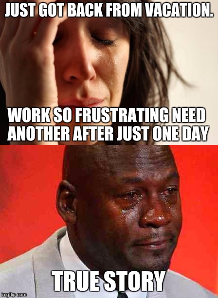 JUST GOT BACK FROM VACATION. WORK SO FRUSTRATING NEED ANOTHER AFTER JUST ONE DAY; TRUE STORY | image tagged in depression | made w/ Imgflip meme maker