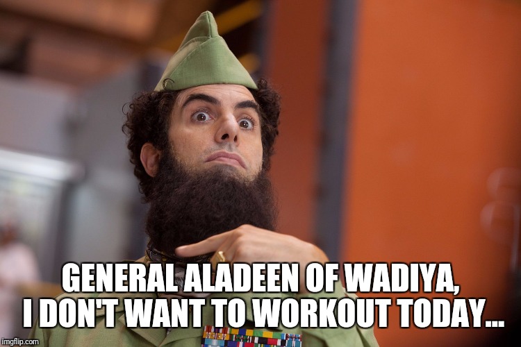 Dictator | GENERAL ALADEEN OF WADIYA, I DON'T WANT TO WORKOUT TODAY... | image tagged in dictator | made w/ Imgflip meme maker