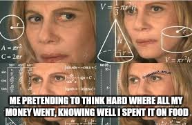 calculations girl | ME PRETENDING TO THINK HARD WHERE ALL MY MONEY WENT, KNOWING WELL I SPENT IT ON FOOD | image tagged in calculations girl | made w/ Imgflip meme maker