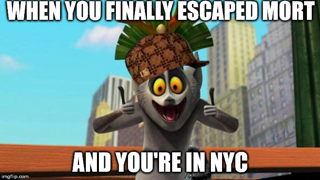 King Julien | WHEN YOU FINALLY ESCAPED MORT; AND YOU'RE IN NYC | image tagged in king julien,scumbag | made w/ Imgflip meme maker