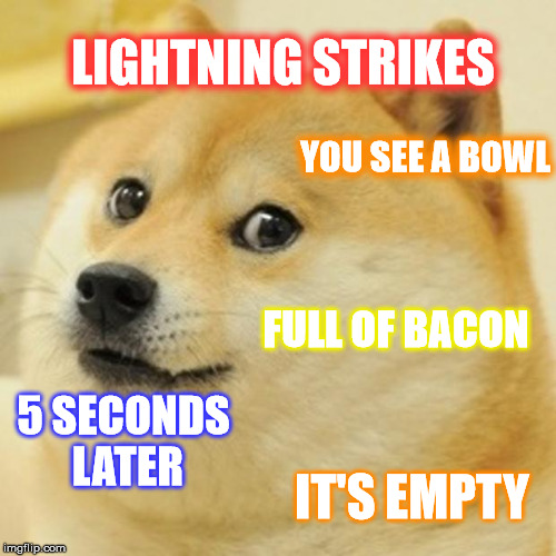 Doge | LIGHTNING STRIKES; YOU SEE A BOWL; FULL OF BACON; 5 SECONDS LATER; IT'S EMPTY | image tagged in memes,doge | made w/ Imgflip meme maker