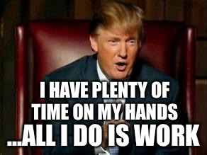 Donald Trump | I HAVE PLENTY OF TIME ON MY HANDS; ...ALL I DO IS WORK | image tagged in donald trump | made w/ Imgflip meme maker