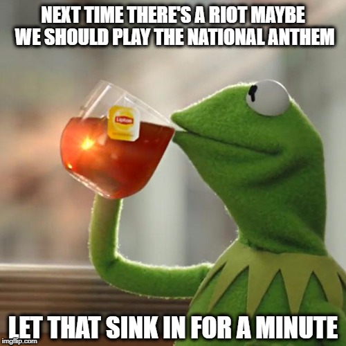 But That's None Of My Business | NEXT TIME THERE'S A RIOT MAYBE WE SHOULD PLAY THE NATIONAL ANTHEM; LET THAT SINK IN FOR A MINUTE | image tagged in memes,but thats none of my business,kermit the frog | made w/ Imgflip meme maker