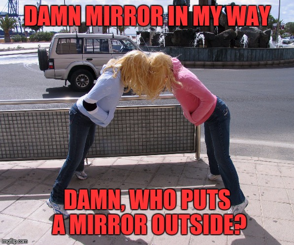 DAMN MIRROR IN MY WAY; DAMN, WHO PUTS A MIRROR OUTSIDE? | image tagged in blondes | made w/ Imgflip meme maker