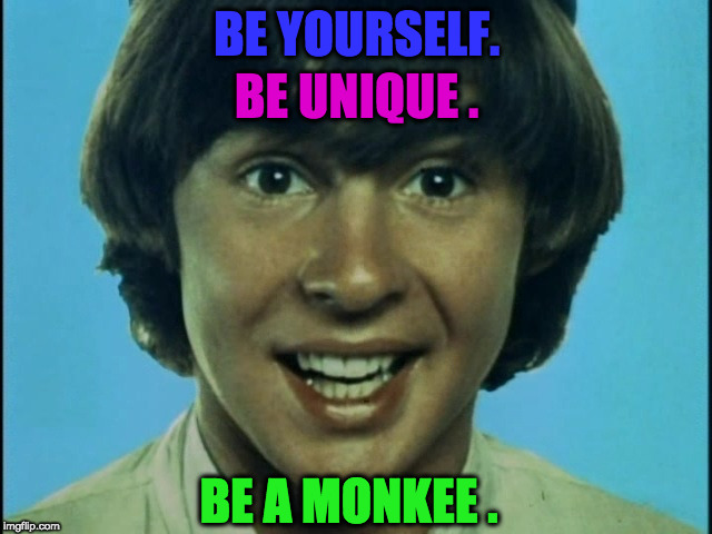 BE A MONKEE!!! | BE YOURSELF. BE UNIQUE . BE A MONKEE . | image tagged in the monkees,singer,be yourself,be unique | made w/ Imgflip meme maker