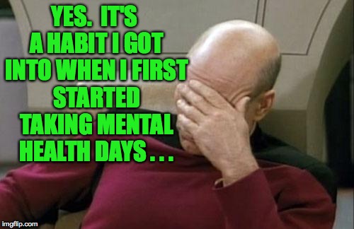 Captain Picard Facepalm Meme | YES.  IT'S A HABIT I GOT INTO WHEN I FIRST STARTED TAKING MENTAL HEALTH DAYS . . . | image tagged in memes,captain picard facepalm | made w/ Imgflip meme maker