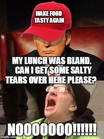 Tormentor in Chief | MAKE FOOD TASTY AGAIN; MY LUNCH WAS BLAND.  CAN I GET SOME SALTY TEARS OVER HERE PLEASE? NOOOOOOO!!!!!! | image tagged in tormentor in chief | made w/ Imgflip meme maker