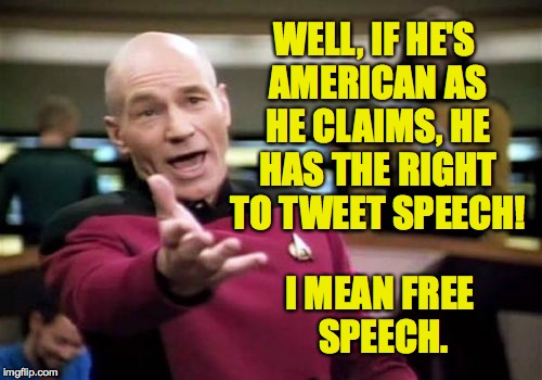 Picard Wtf Meme | WELL, IF HE'S AMERICAN AS HE CLAIMS, HE HAS THE RIGHT TO TWEET SPEECH! I MEAN FREE SPEECH. | image tagged in memes,picard wtf | made w/ Imgflip meme maker