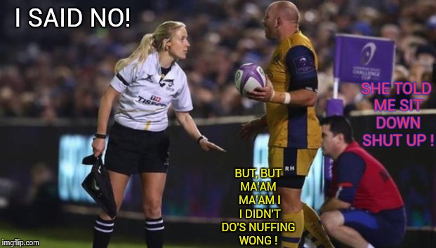 Football/soccer | I SAID NO! SHE TOLD ME SIT DOWN SHUT UP ! BUT, BUT MA'AM  MA'AM I  I DIDN'T DO'S NUFFING WONG ! | image tagged in sports fans,memes,funny,football,soccer | made w/ Imgflip meme maker