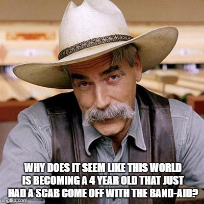 SARCASM COWBOY | WHY DOES IT SEEM LIKE THIS WORLD IS BECOMING A 4 YEAR OLD THAT JUST HAD A SCAB COME OFF WITH THE BAND-AID? | image tagged in sarcasm cowboy | made w/ Imgflip meme maker